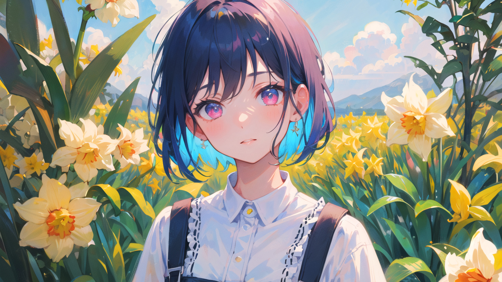 Девушка аниме на поле с нарциссами