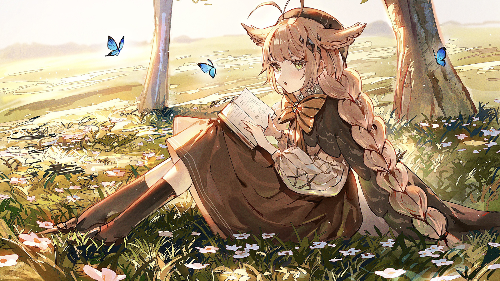 Девушка аниме читает книгу под деревом