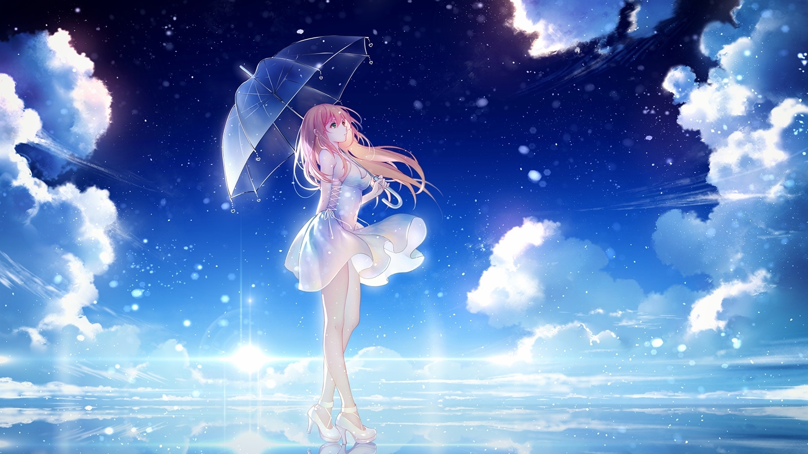 Anime girl under an umbrella in the water