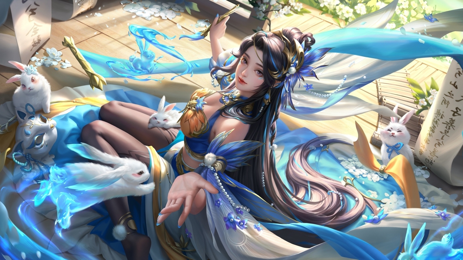 Девушка аниме с белыми кроликами