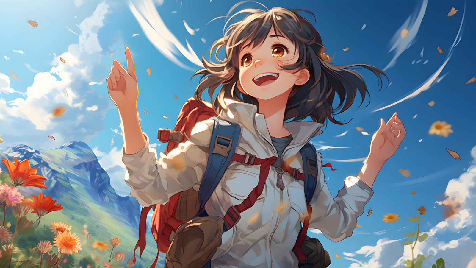 Веселая девушка аниме с рюкзаком за спиной