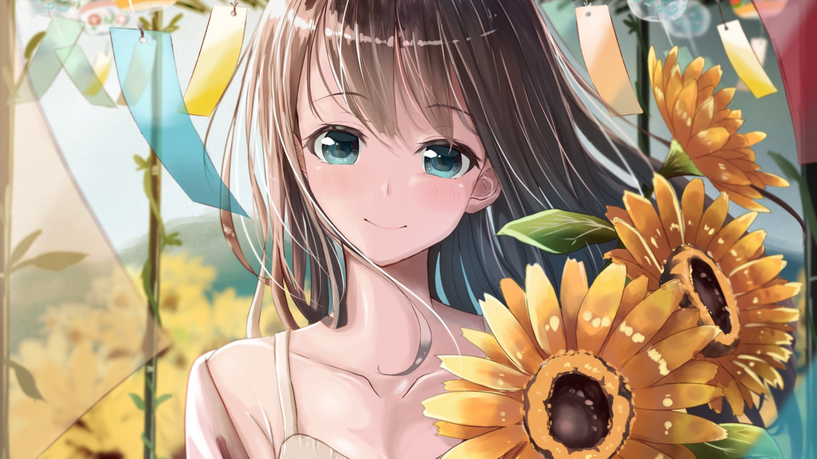 Улыбающаяся девушка аниме с цветами подсолнуха