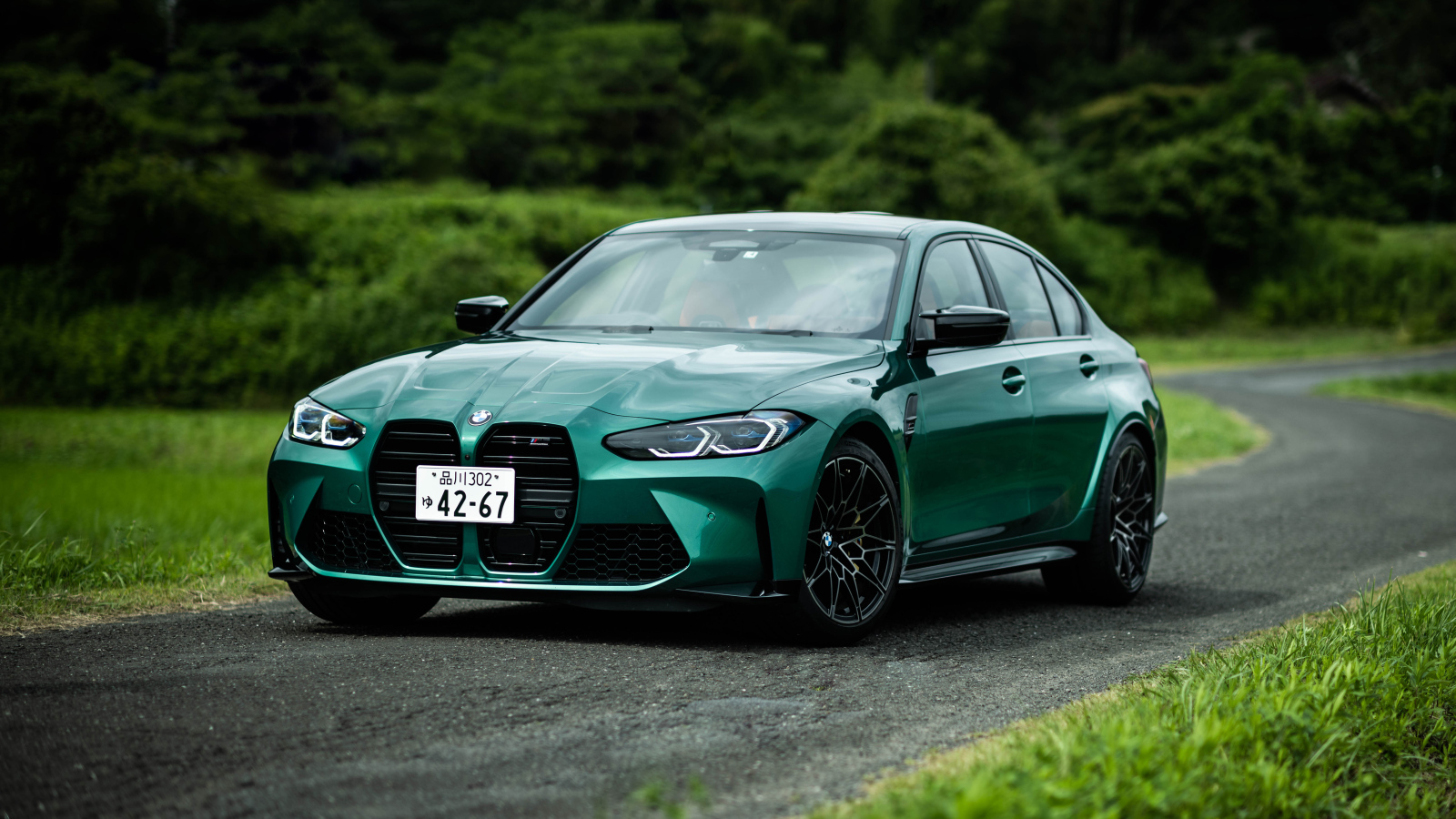 Green 2021 BMW M3 Competition in the forest