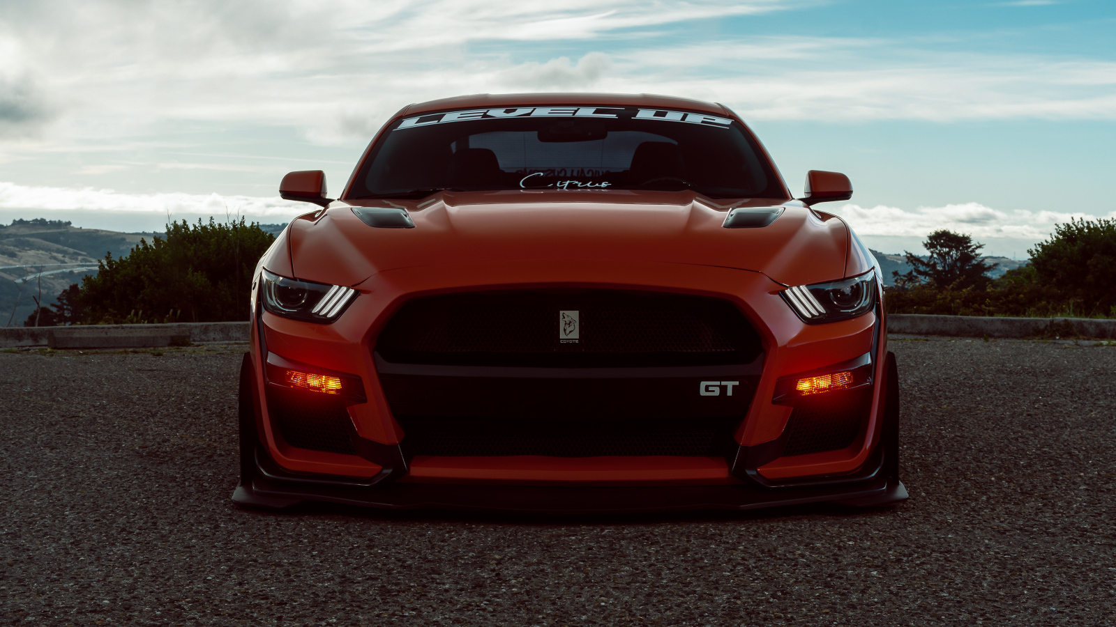 Красный спорткар Ford Shelby GT500 вид спереди