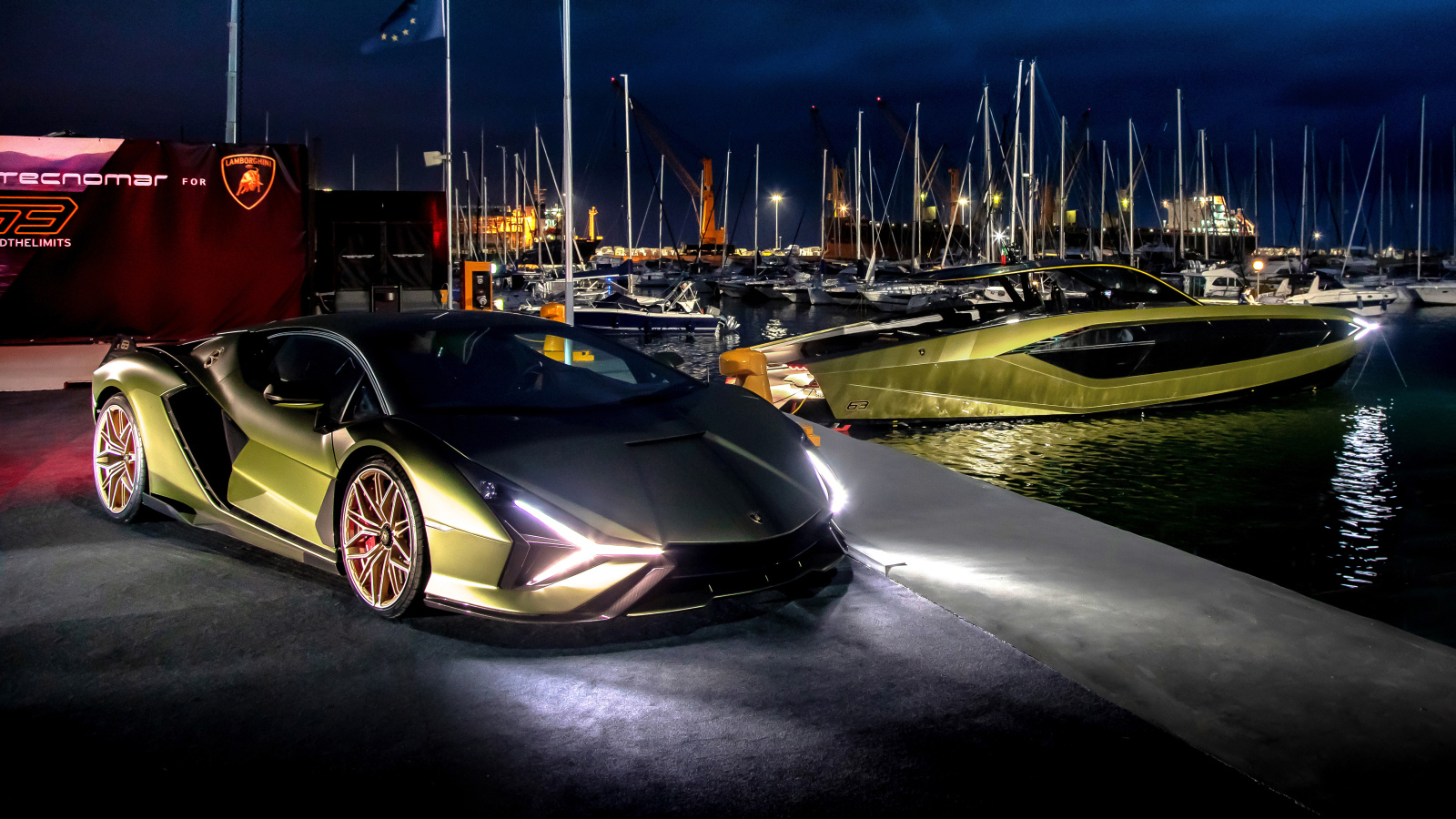 Автомобиль  Lamborghini 63 Lamborghini Sián  на пристани 