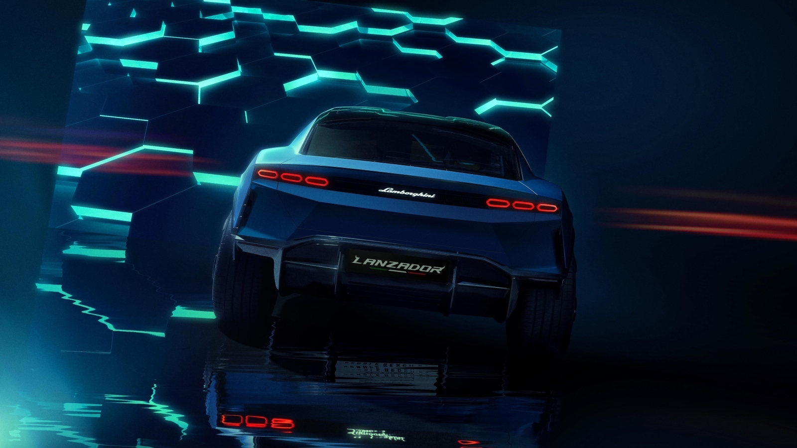 Вид сзади на автомобиль Lamborghini Lanzador Concept EV