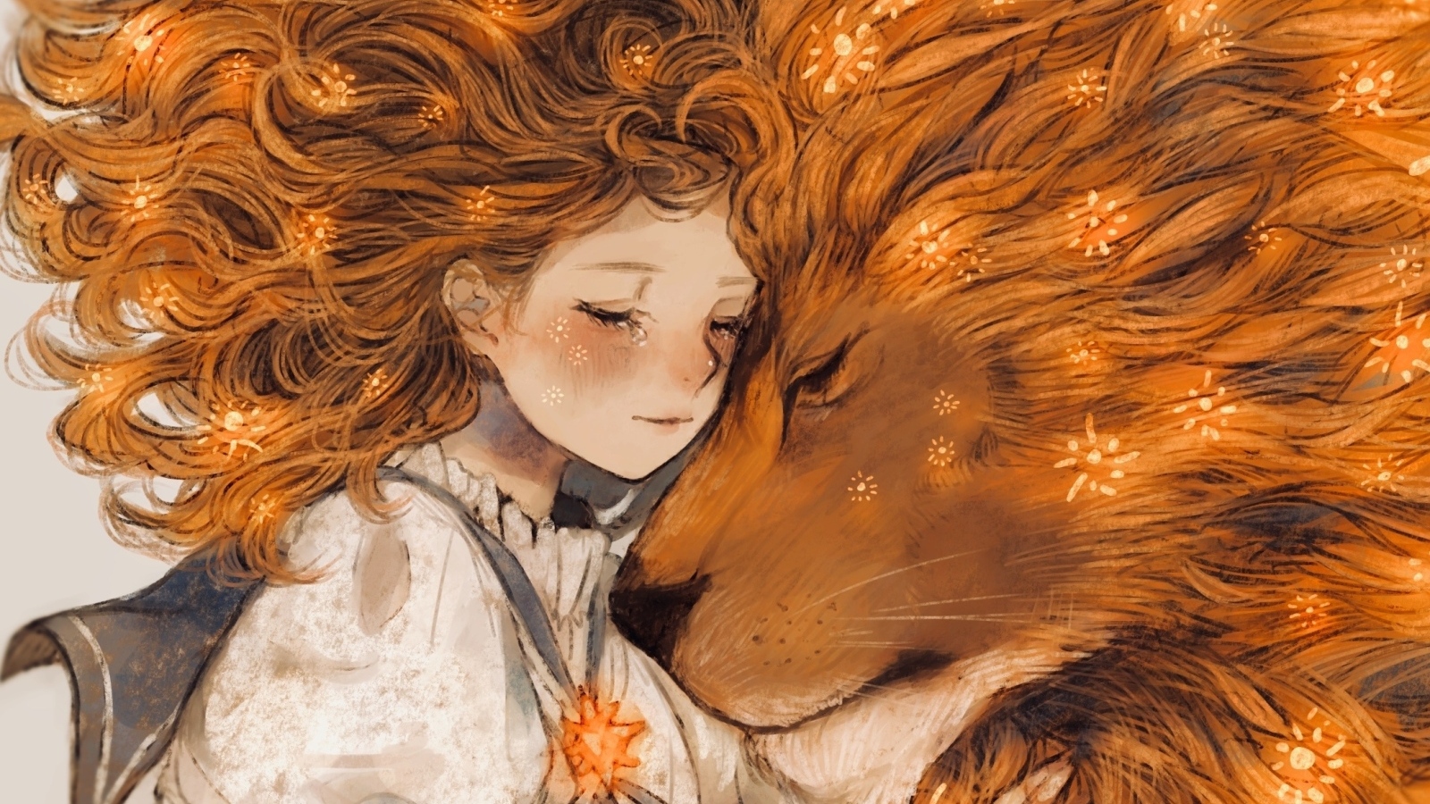 Нарисованная рыжеволосая девушка и лев