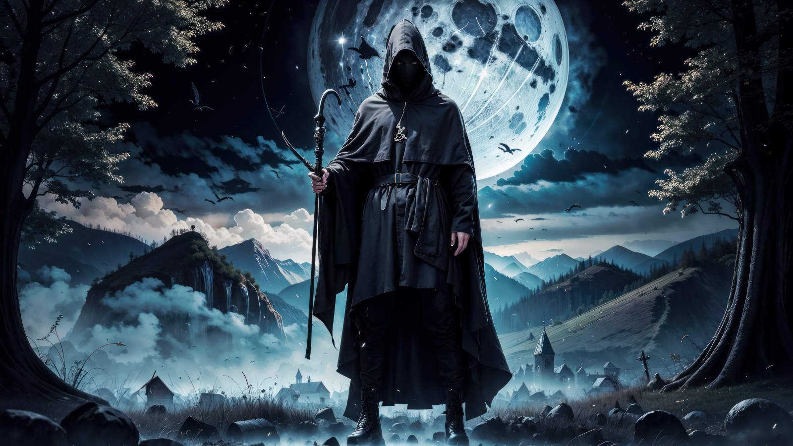 Черный маг в плаще на фоне луны