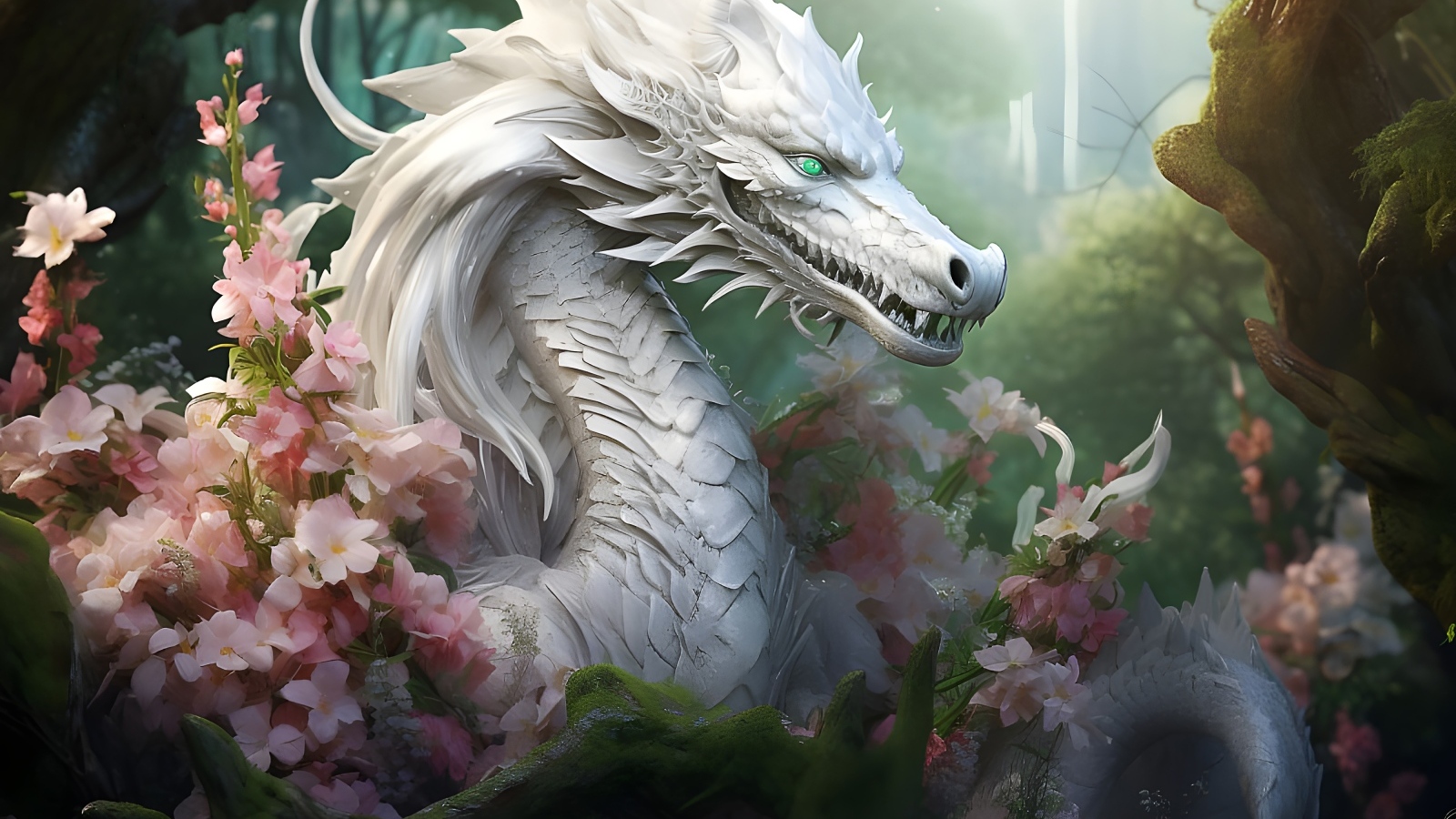 Фантастический белый дракон в розовых цветах