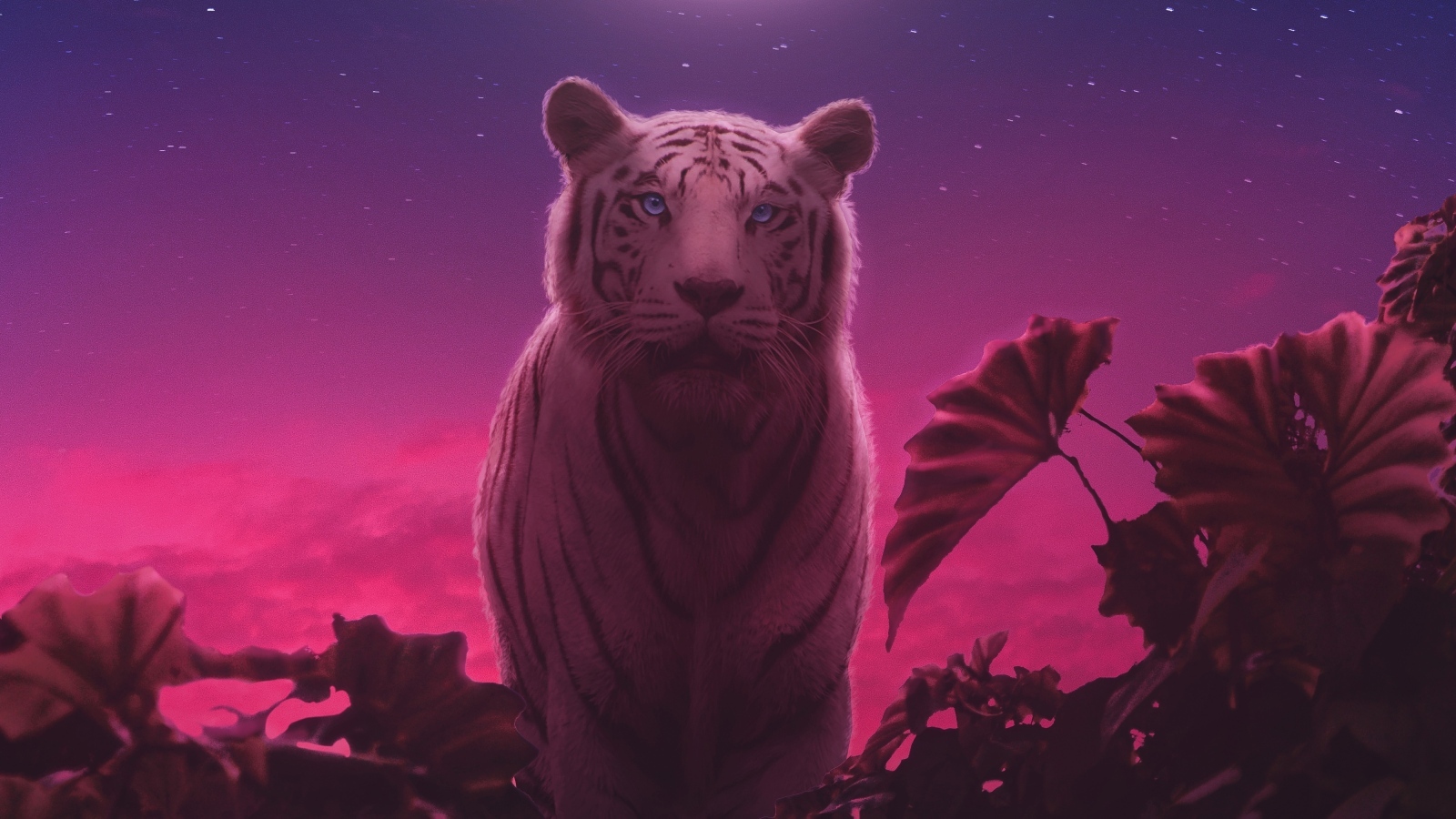 Фантастический тигр с зелеными листьями ночью