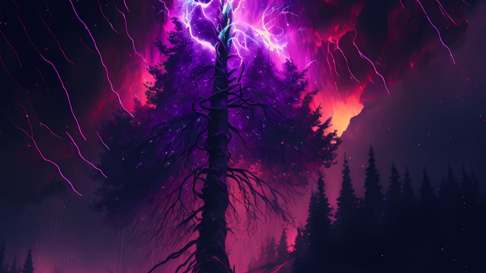 Молния разрывается над старым деревом