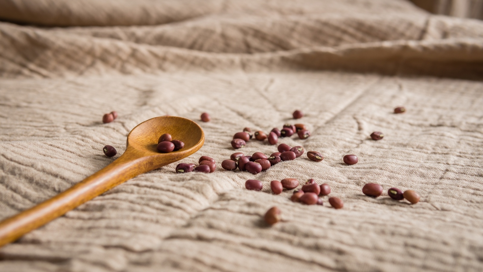 Деревянная ложка на скатерти с фасолью 