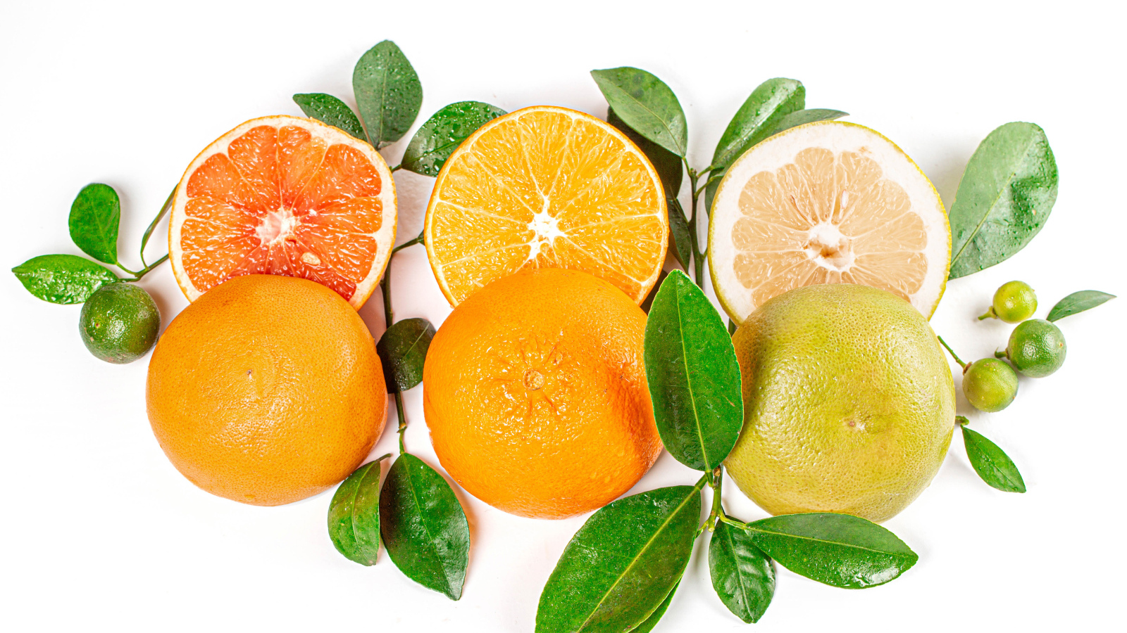 Цитрусовые фрукты с зелеными листьями на белом фоне