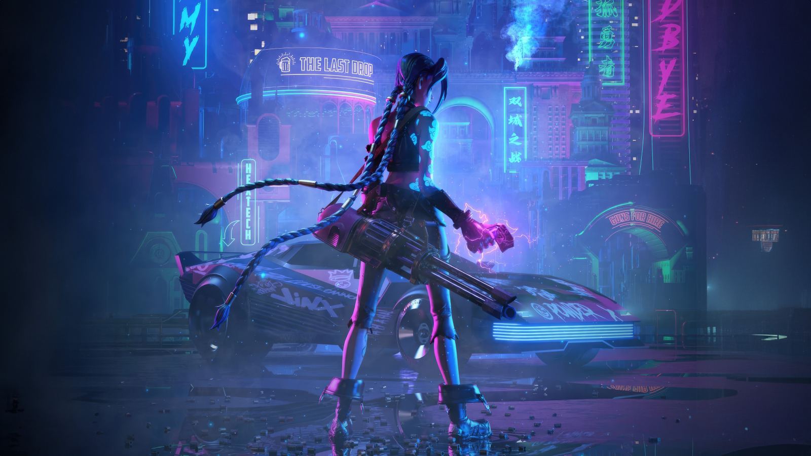 Девушка с оружием в городе видеоигра Cyberpunk 2077
