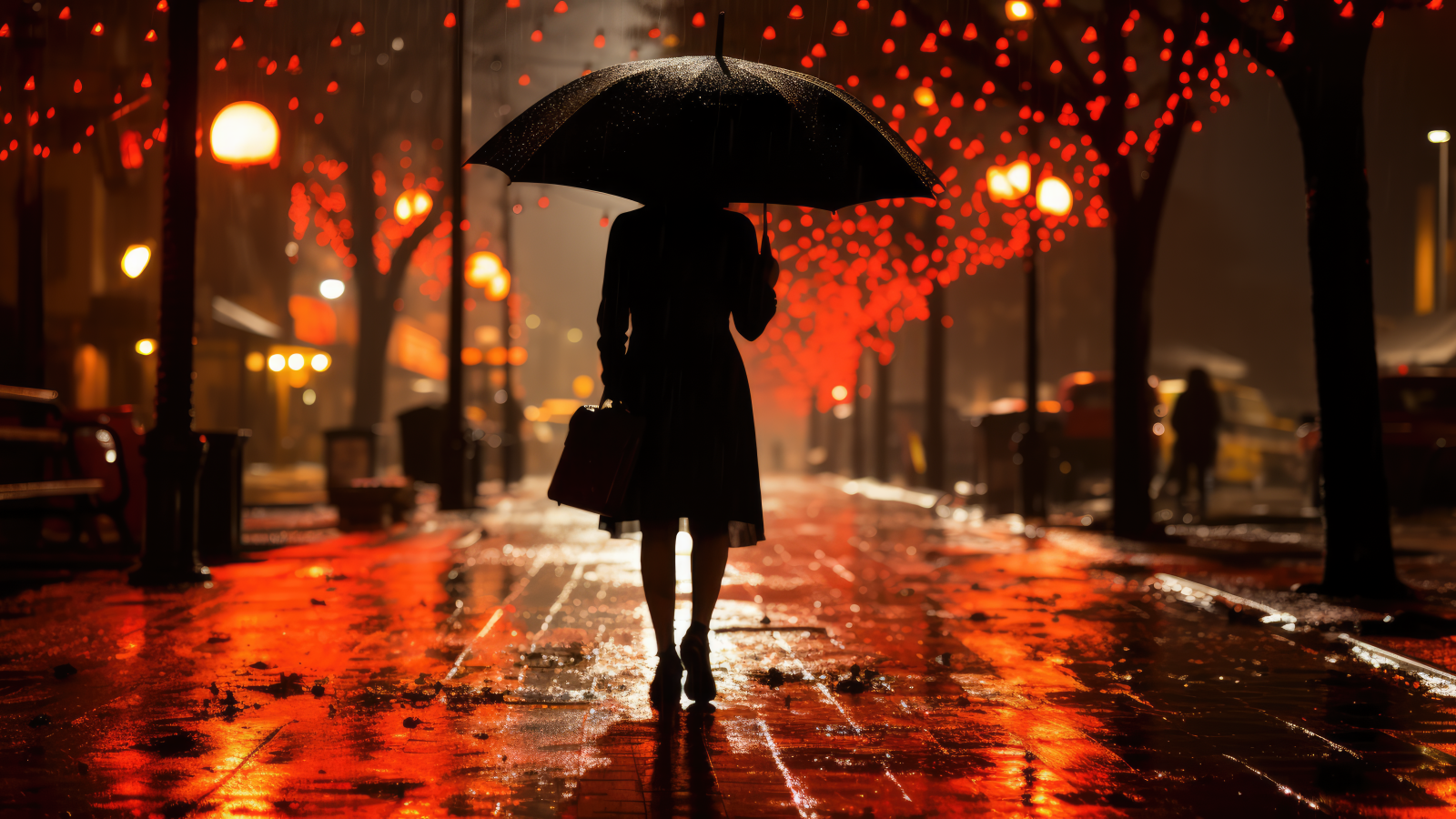 Девушка идет под зонтом ночью в парке