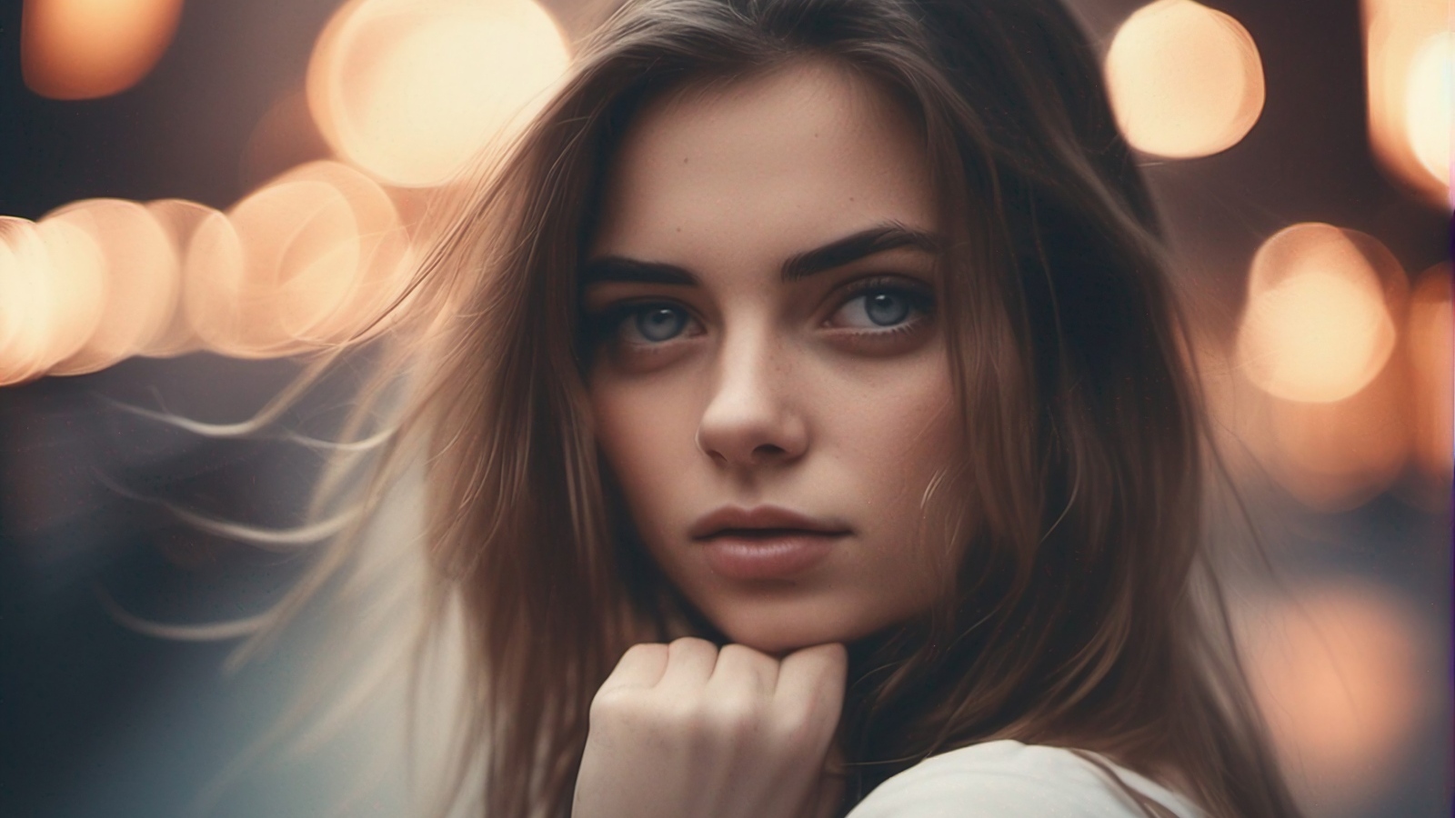 Красивая молодая голубоглазая девушка в свете фонарей