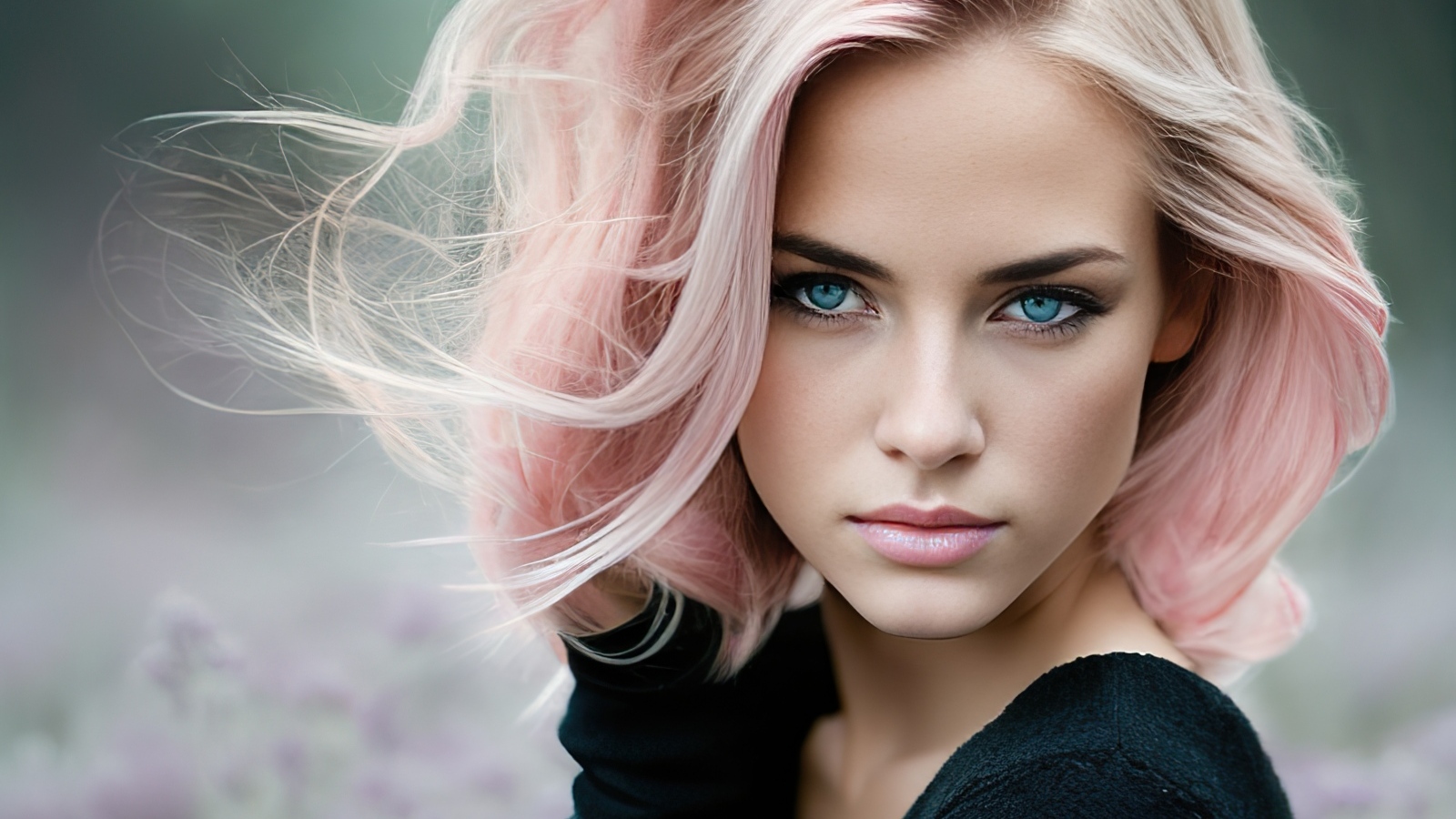 Голубоглазая девушка с розовыми волосами