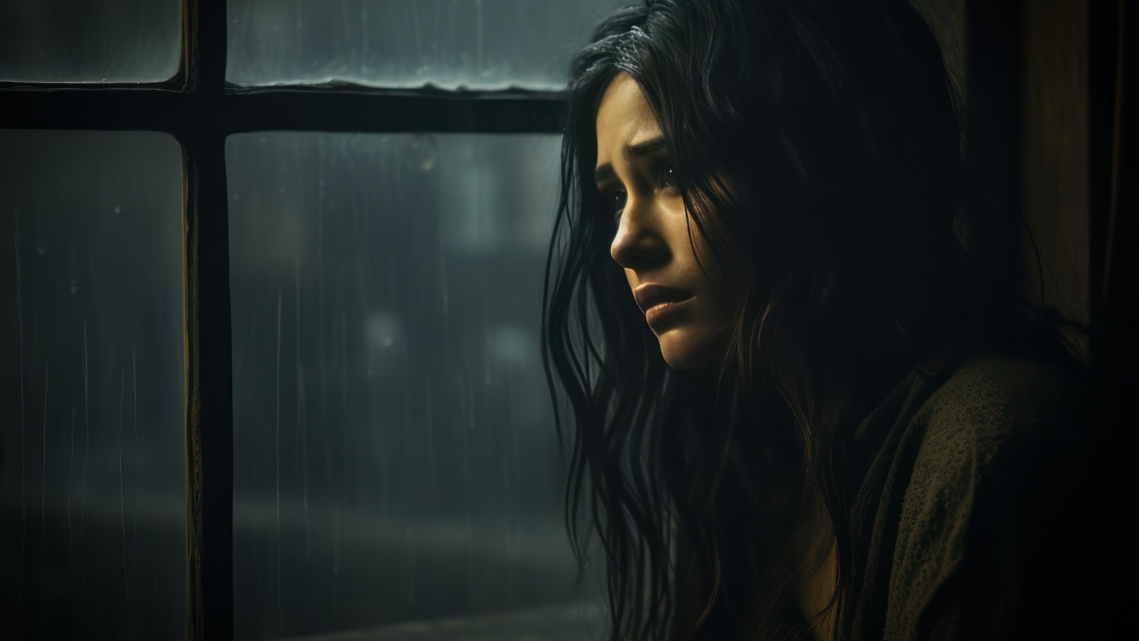 Грустная девушка сидит у окна 