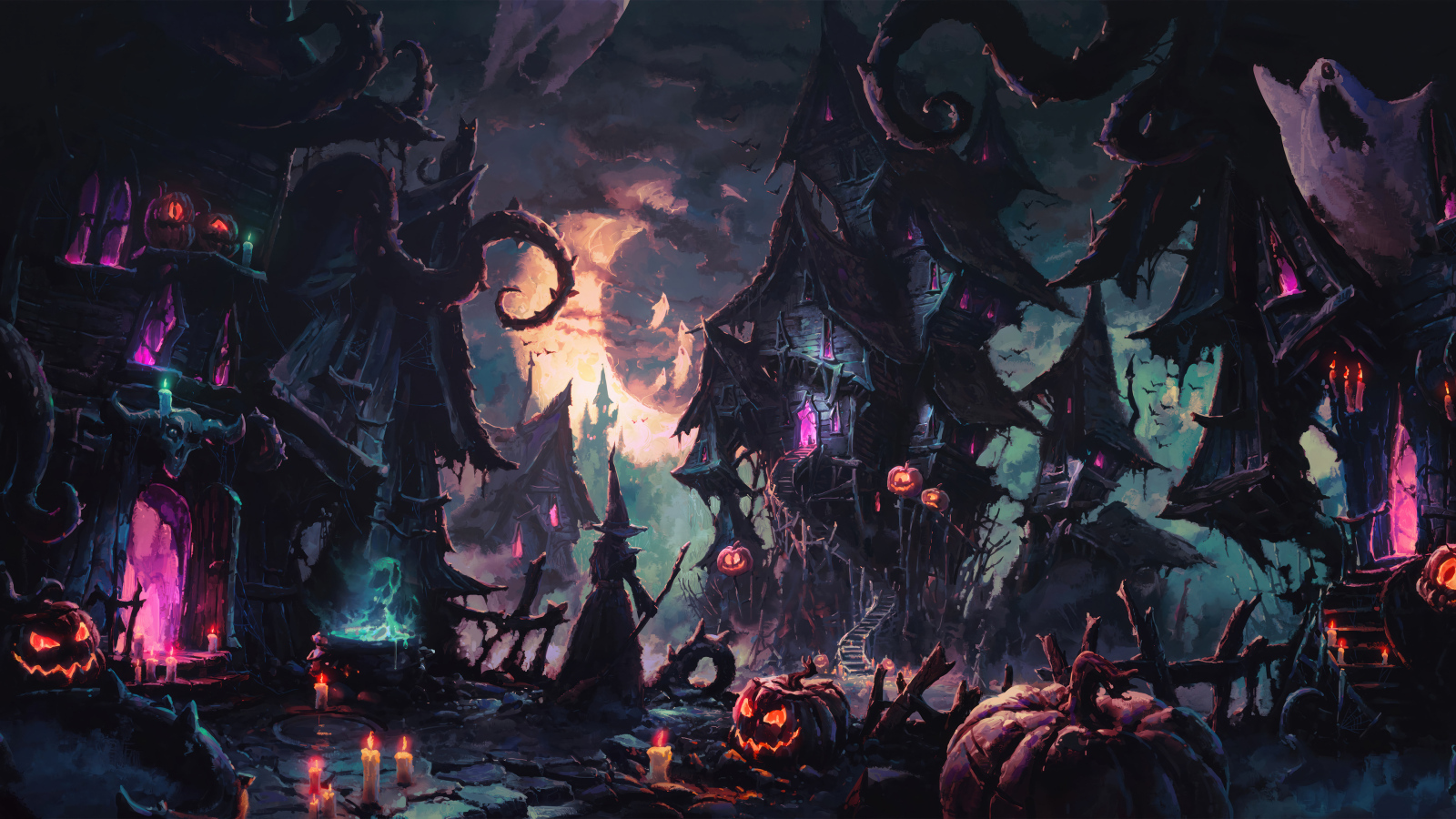 Зловещие черные дома с тыквами