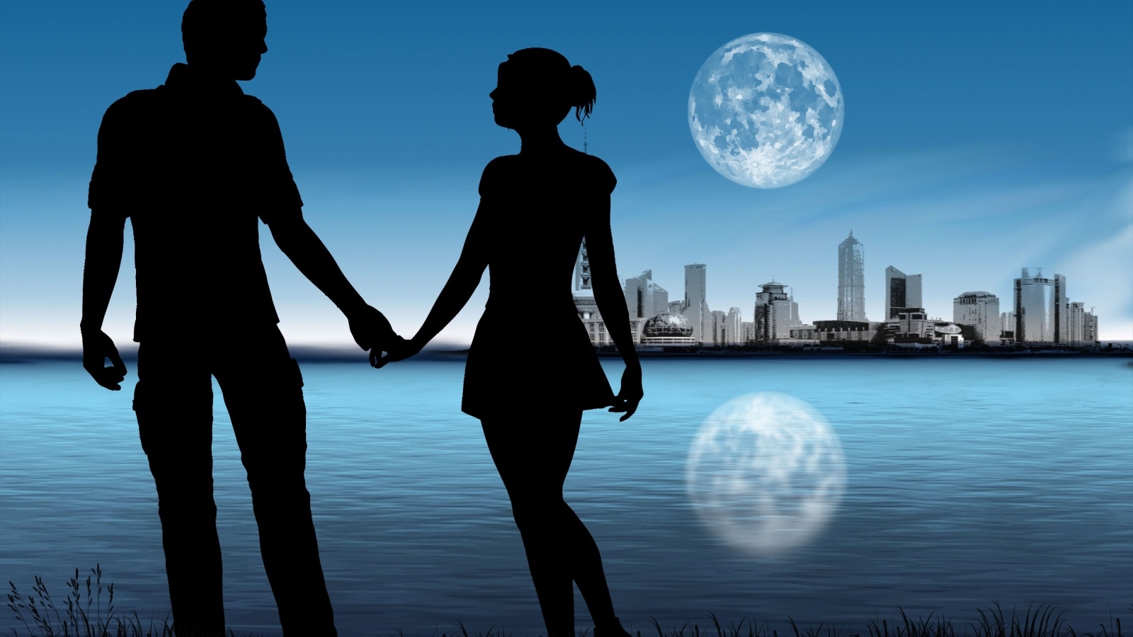 Силуэт влюбленной пары на фоне луны у озера