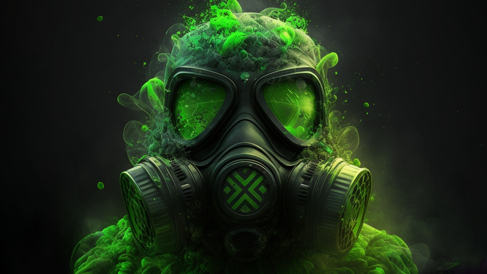 Мужчина в противогазе с зеленым ядовитым дымом