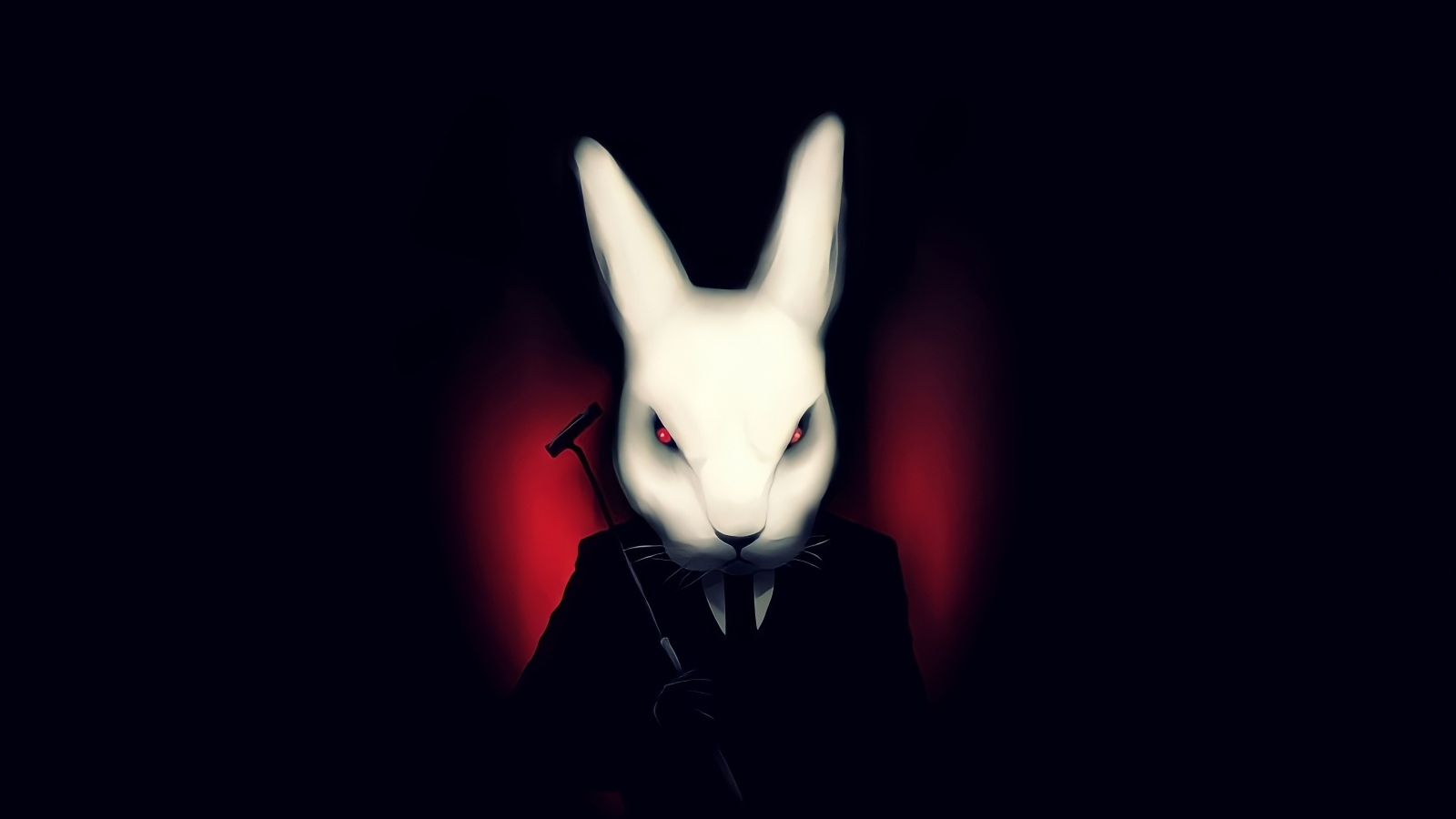 Белый кролик в костюме на черном фоне