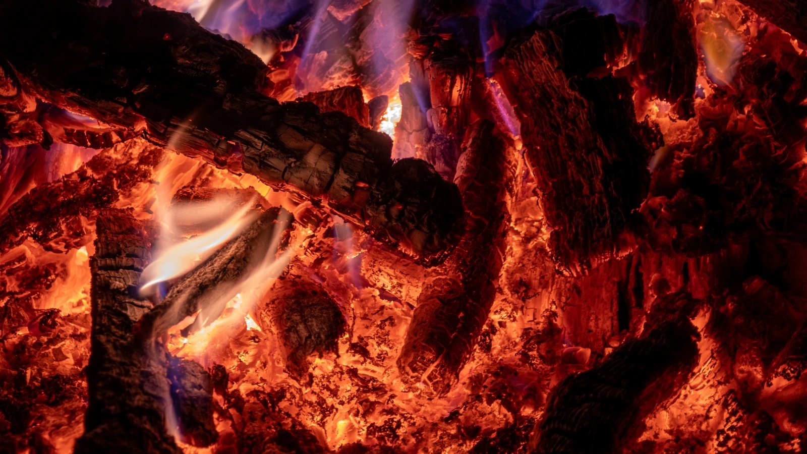 Раскаленные дрова в костре