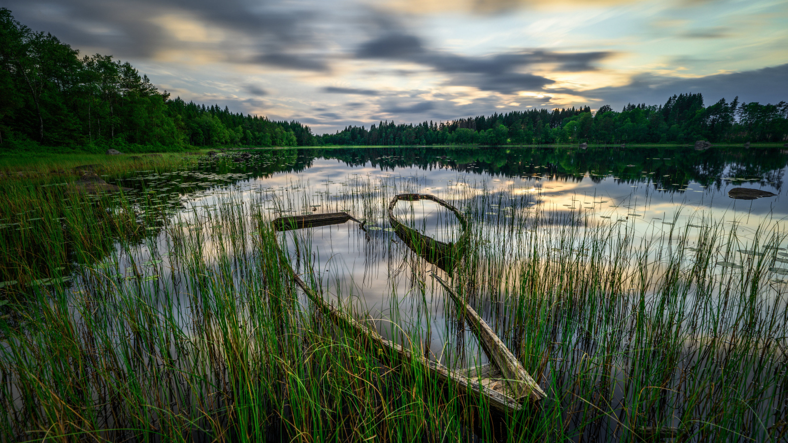 Старая затонувшая лодка в пруду