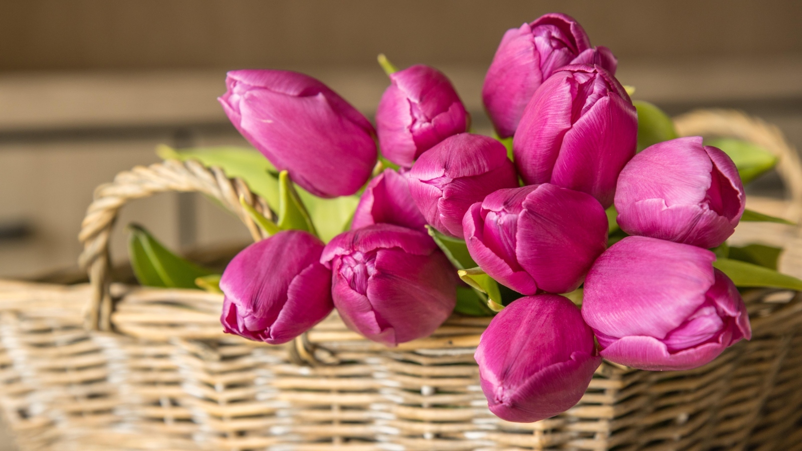 Букет розовых тюльпанов в плетеной корзине