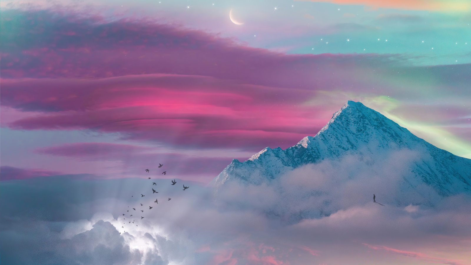 Птицы летят к заснеженной вершине горы