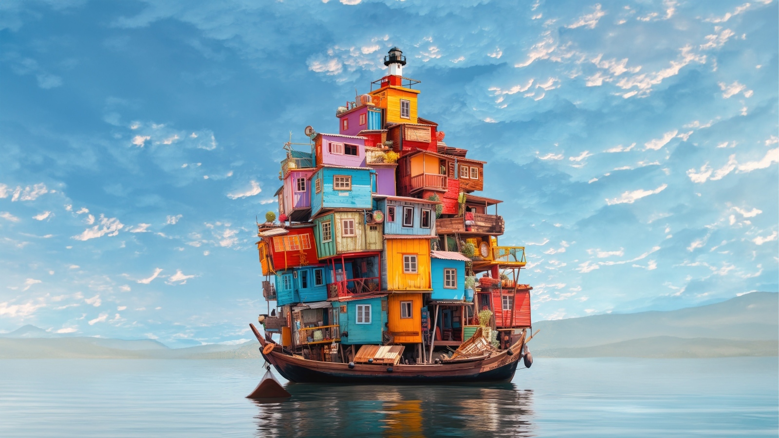 Маленькие разноцветные домики на лодке