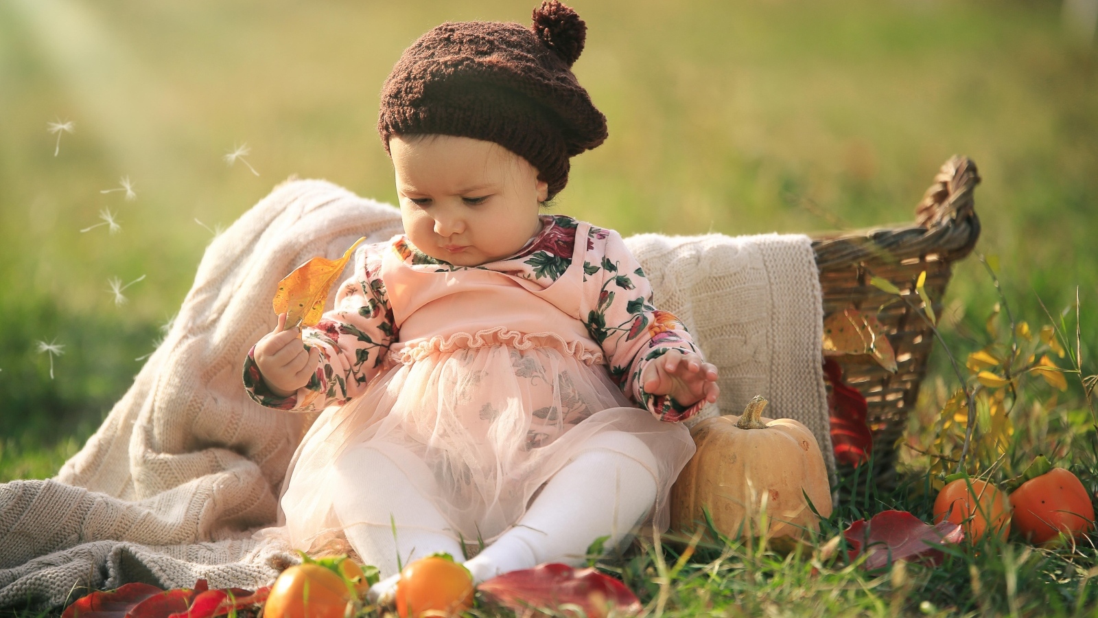 Смешная маленькая девочка сидит на траве с тыквой