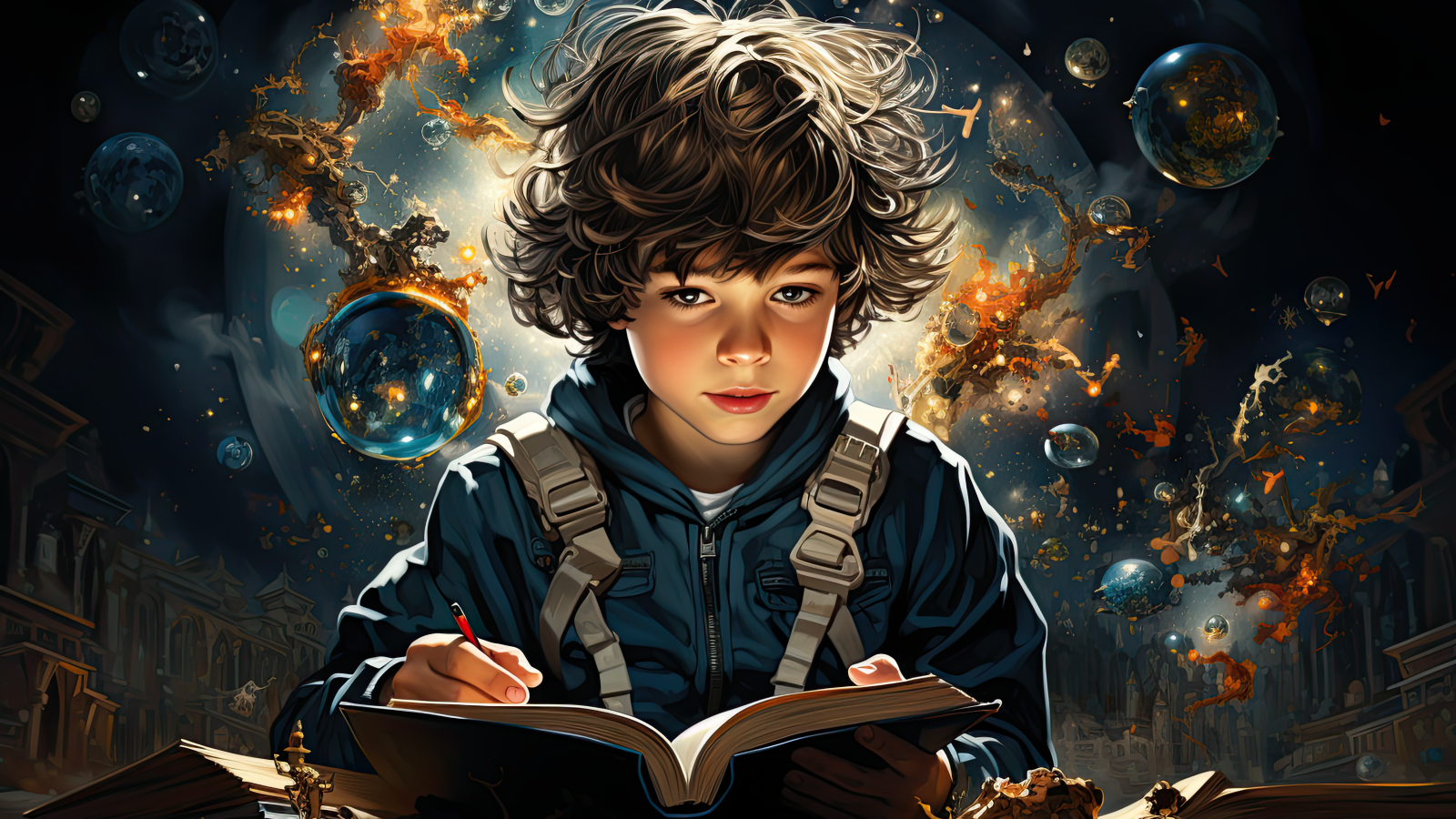 Маленький мальчик фантазер с книгой