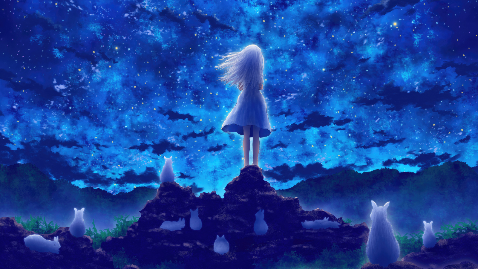 Маленькая девочка смотрит на небо, аниме