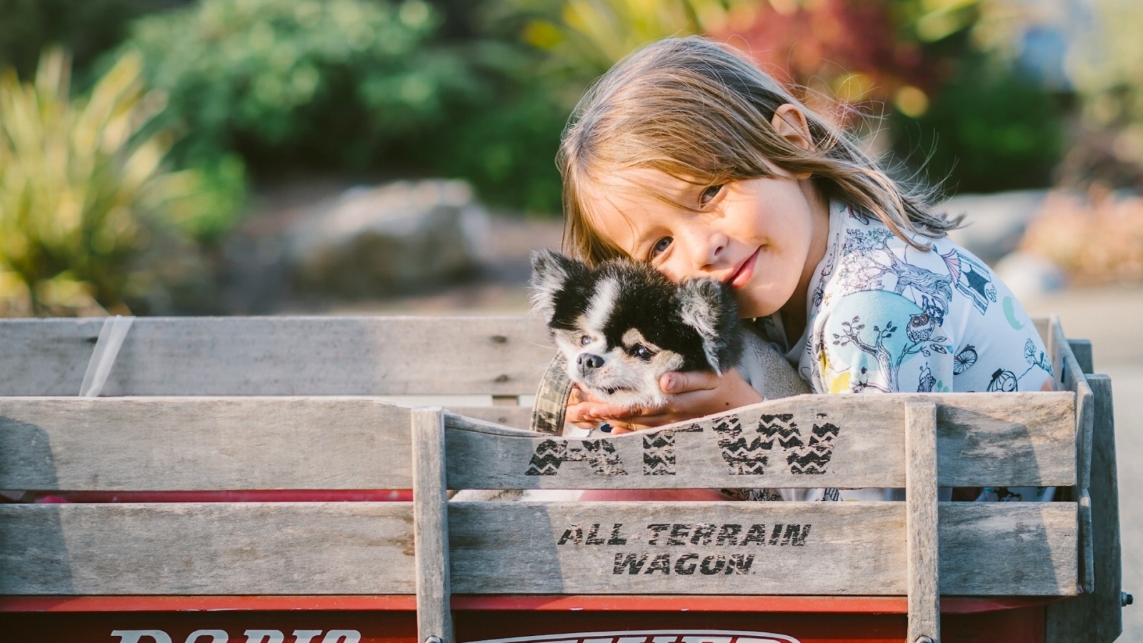 Маленькая девочка со щенком в тележке