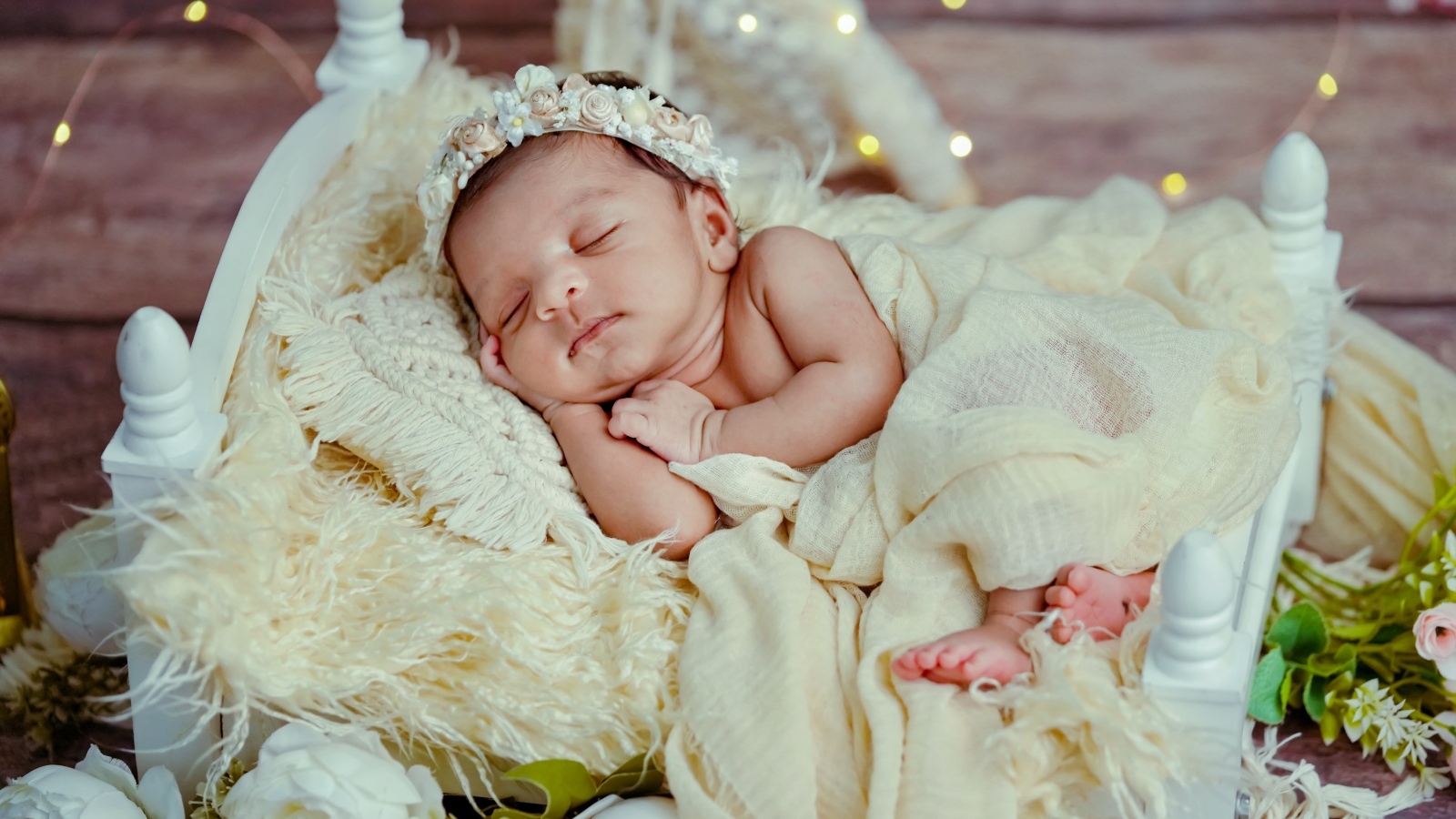 Новорожденная спящая девочка в белой кровати