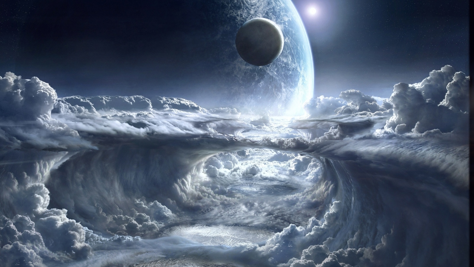 Планета над белыми облаками в космосе