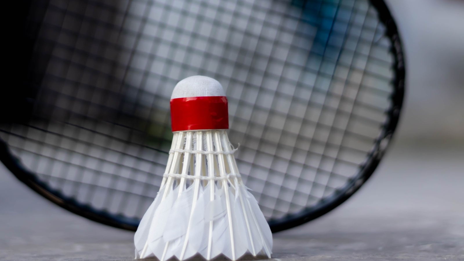 Белый воланчик и ракетка для игры в бадминтон