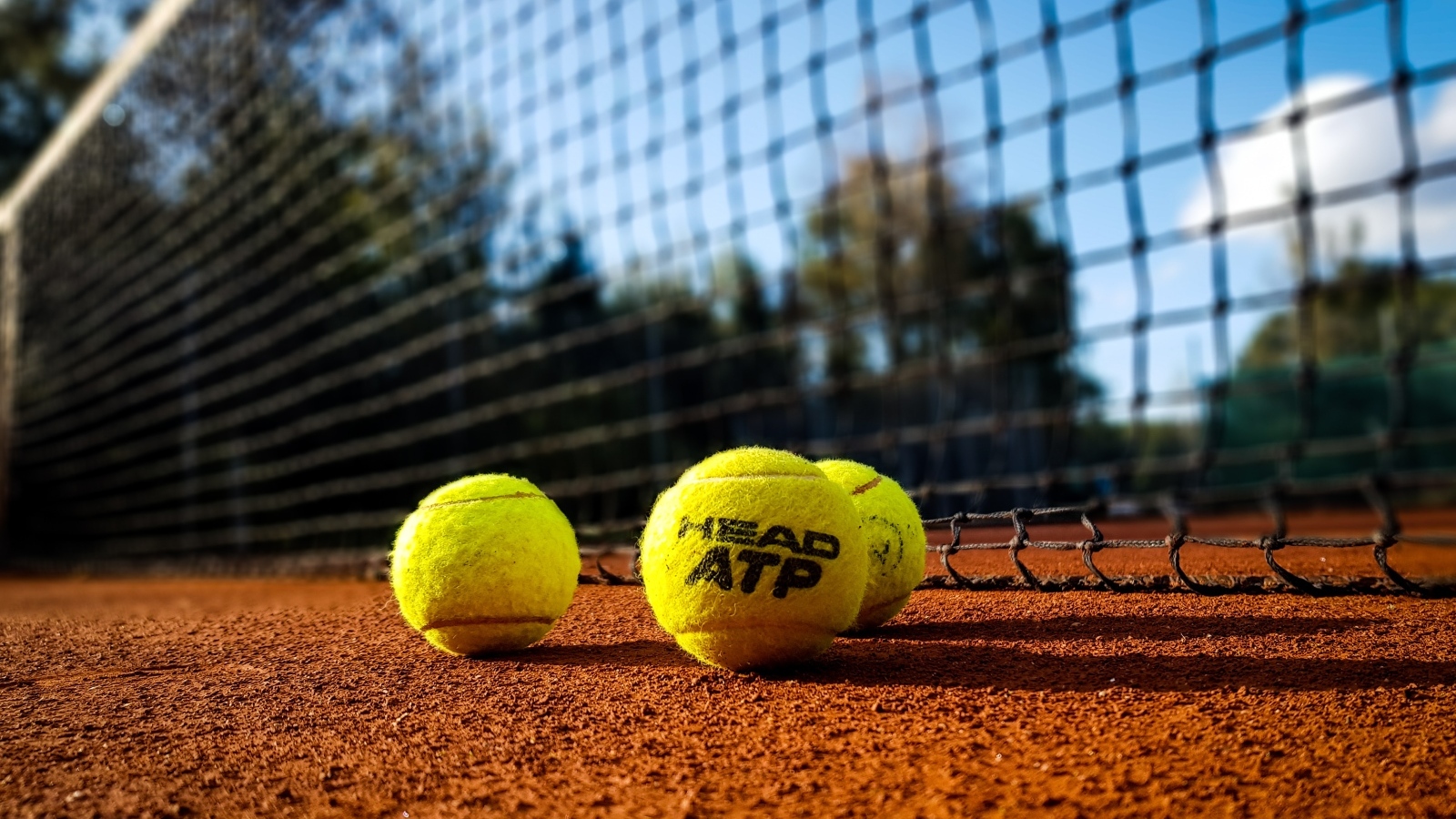 Желтые теннисные мячи на поле у сетки