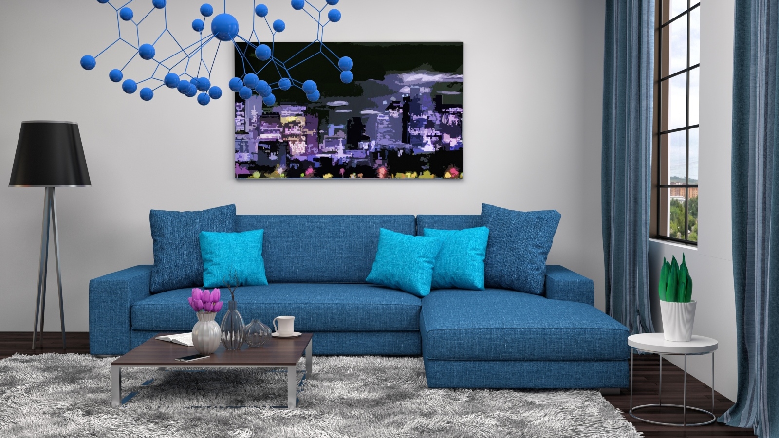 Большой синий диван в комнате в стиле модерн