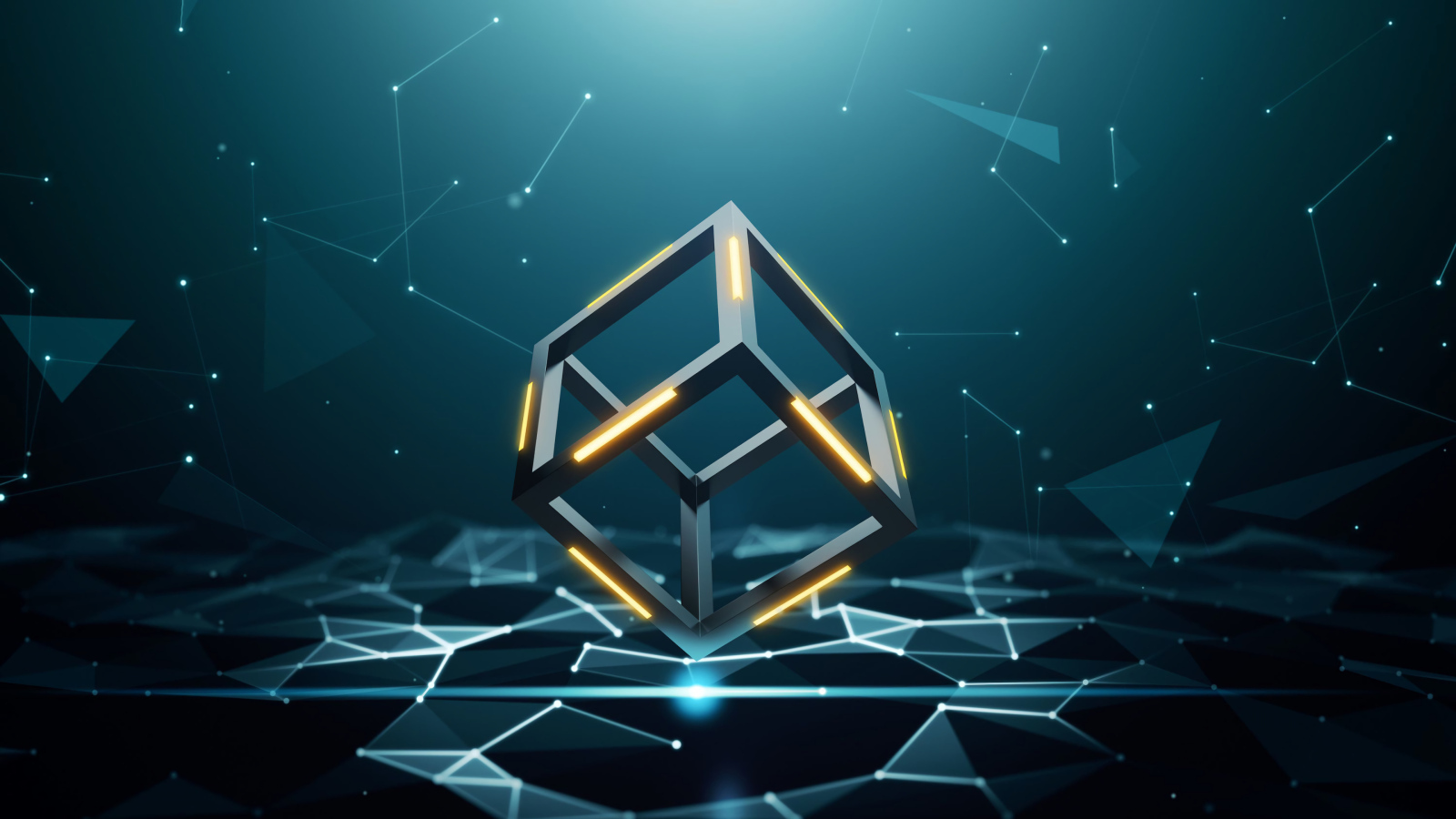 Абстрактный летающий куб на сером фоне