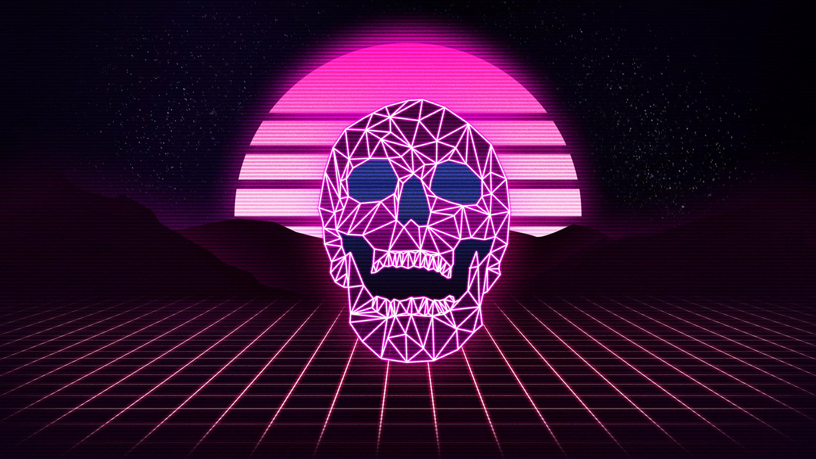 Розовый неоновый череп из линий на фоне сетки