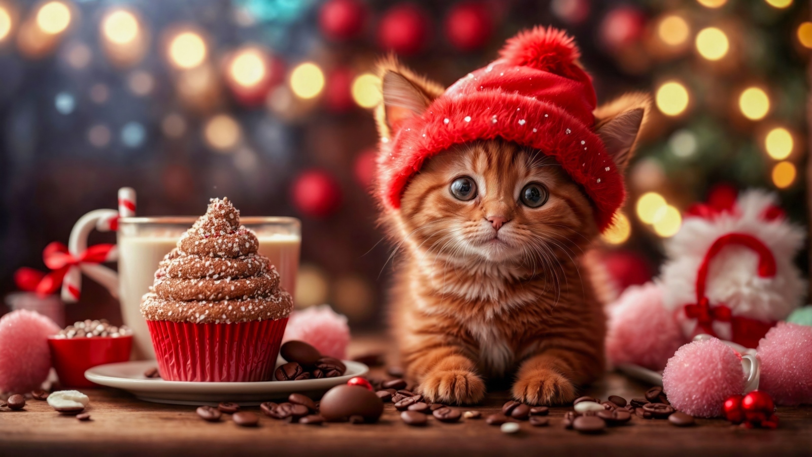 Милый маленький рыжий котенок с пирожным