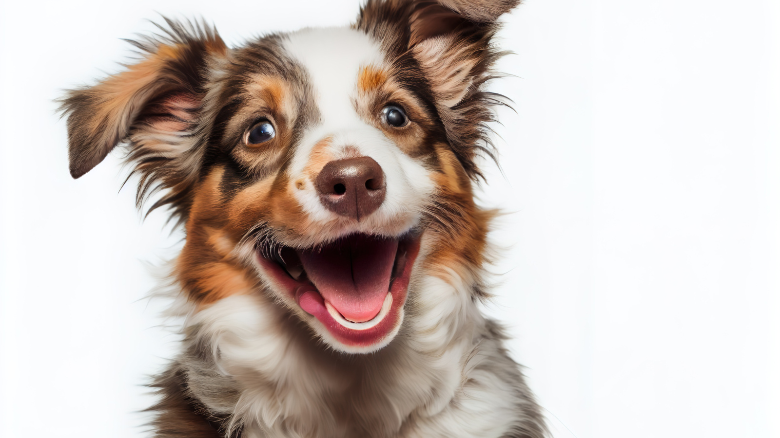 Веселый щенок с открытой пастью на белом фоне