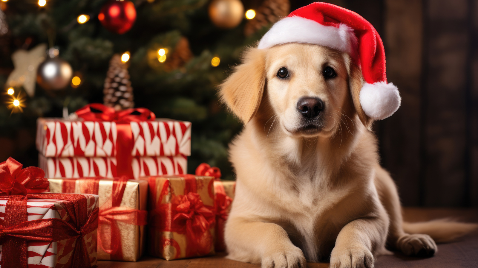 Золотистый ретривер с подарками у новогодней ели