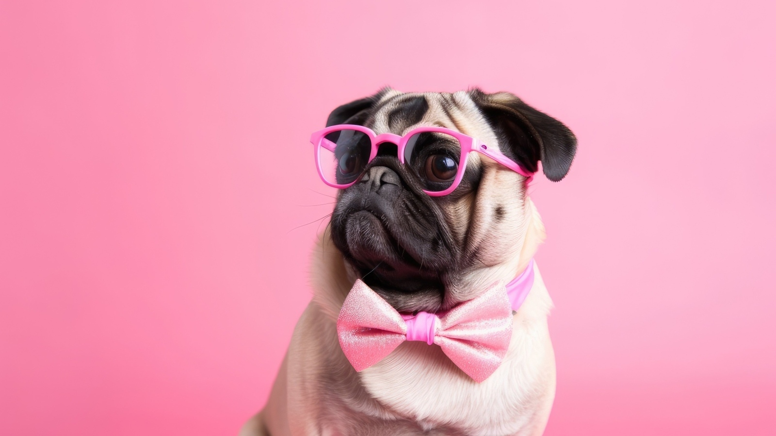 Мопс в очках на розовом фоне