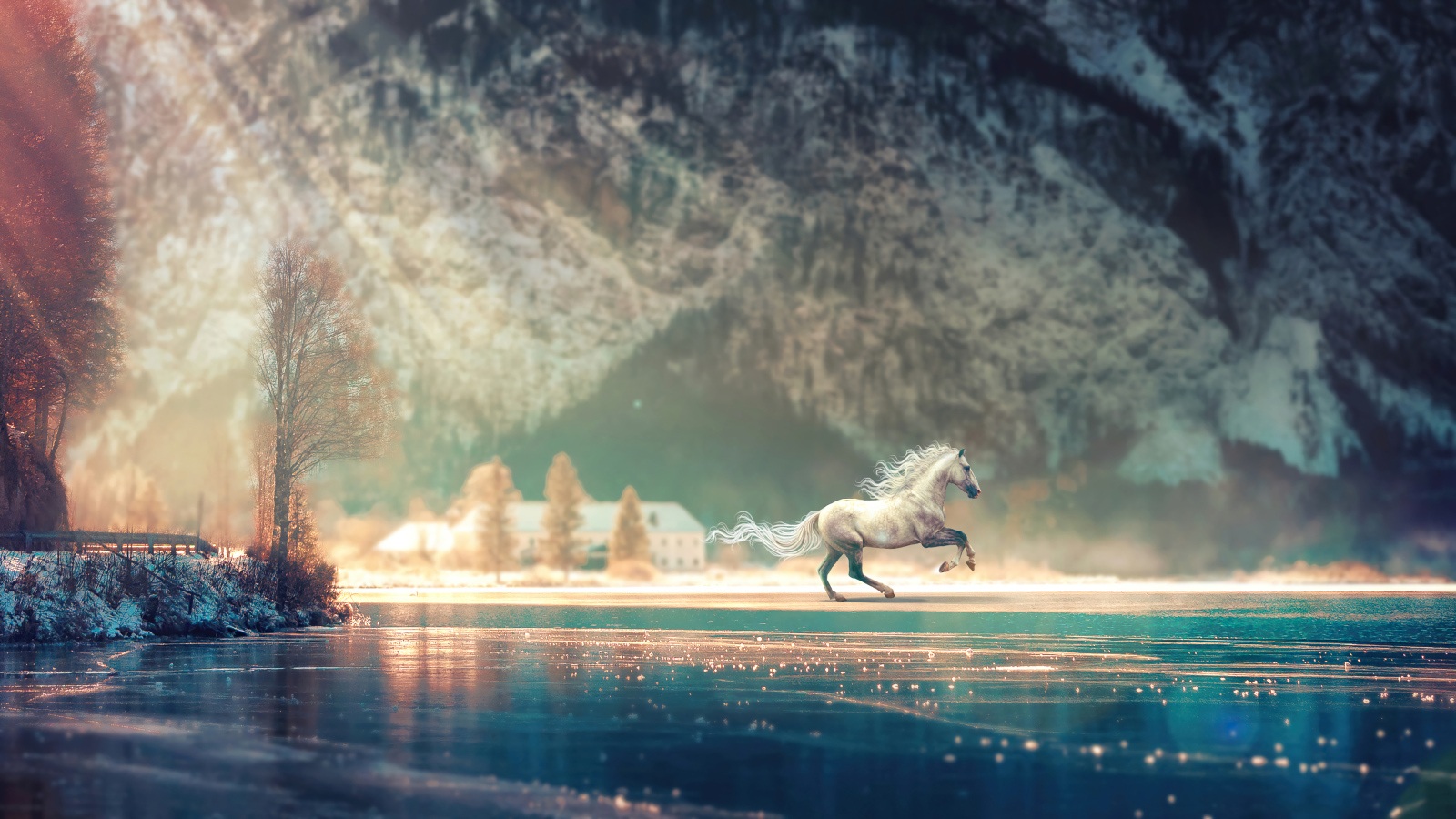 Белая лошадь скачет по воде  на фоне гор 