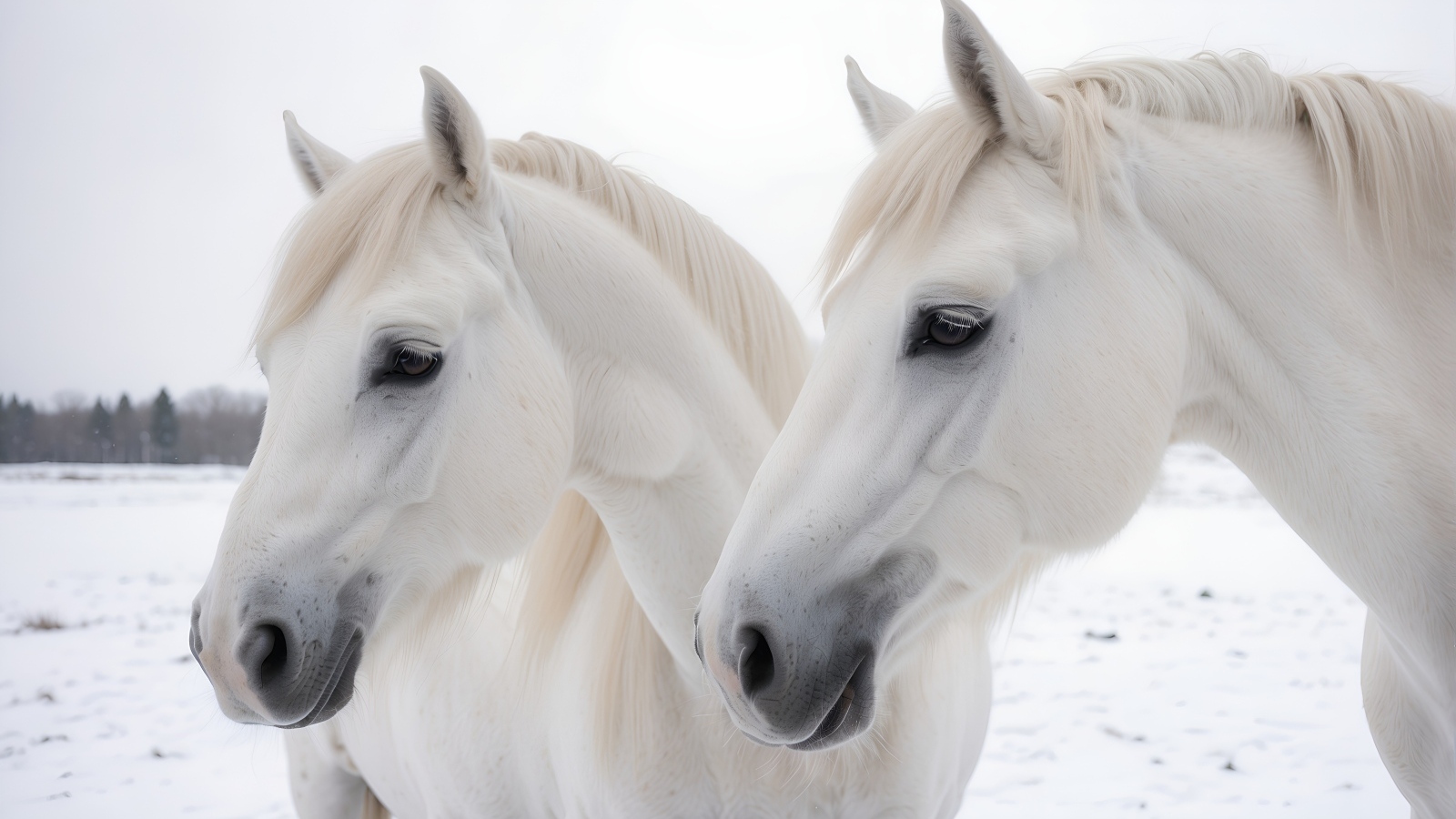 Две красивые белые лошади зимой