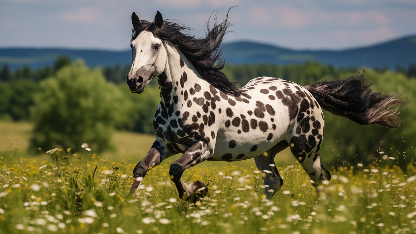 Белая лошадь в черных пятнах на пастбище