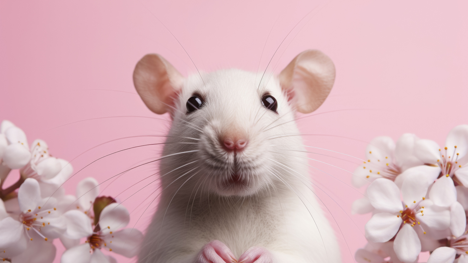 Белая крыса на розовом фоне с цветами